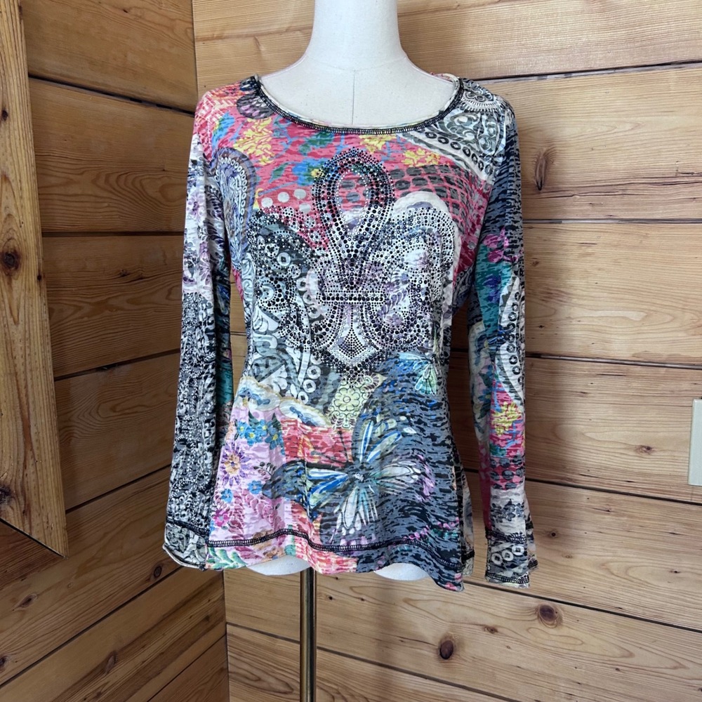 Rhinestone Graphic Tee Fleur De Lis Butterfly Scoop Neck Large Multi Cristina V